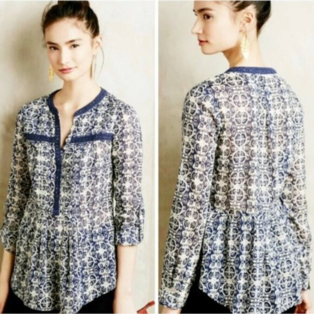 Anthropologie Maeve Top   Cotton Abella Pintuck Popover Blouse Cotton  S…